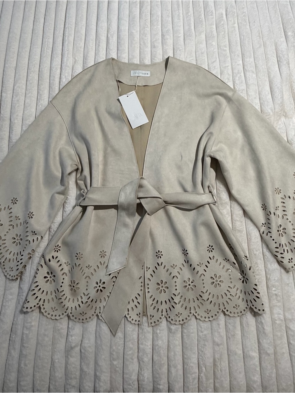 Zara Cream Laser-Cut Belted Wrap Cardigan (light fabric like Nubuck/Suede)